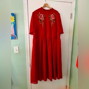 ASOS CURVE Red midi dress with floral collar size 18